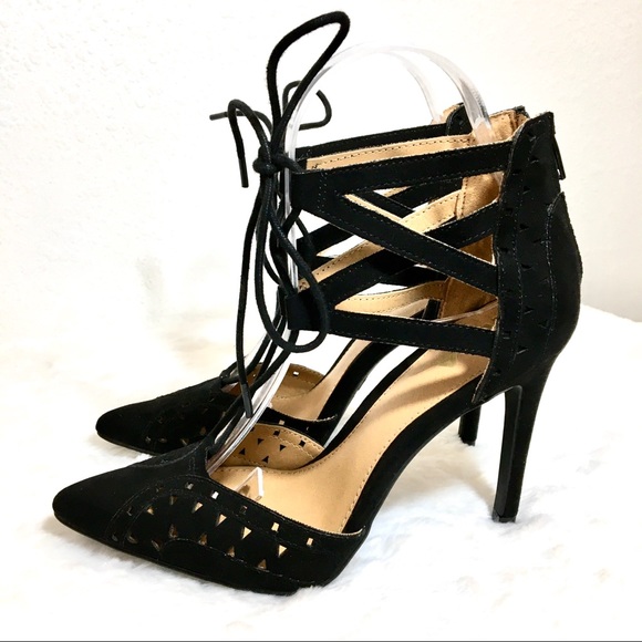 MIA Shoes - MIA Black Lace-up Cut-out Faux Suede Heels Size 6